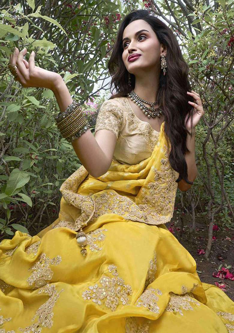 Yellow Embroidered Silk Saree Set - Indya